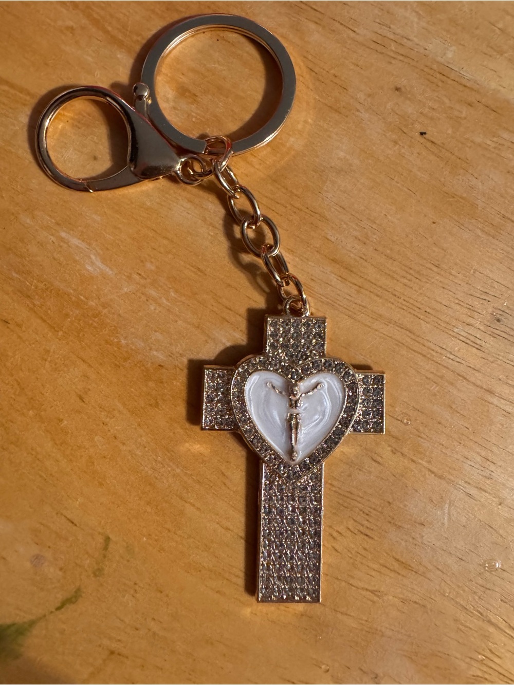 Gold Tone Rhinestone Enameled Heart Cross Keychain